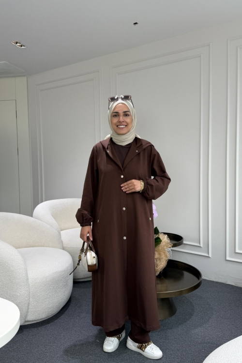 Uzun Kapüşonlu İkiiplik Takım Kahverengi