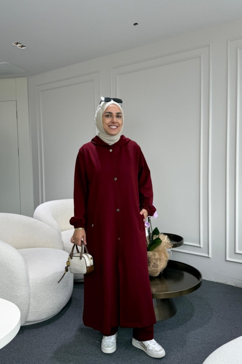 Uzun Kapüşonlu İkiiplik Takım Bordo