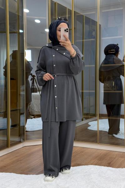 Asimetrik  Metal Düğme Detaylı Takım Füme