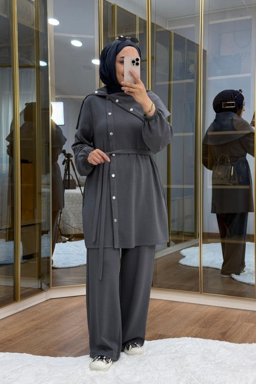 Asimetrik  Metal Düğme Detaylı Takım Füme