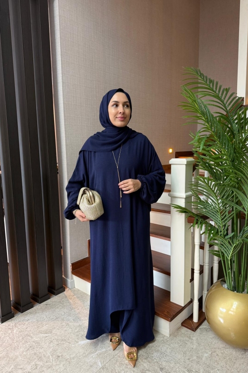 Asimetrik Detay Şallı Üçlü Takım Lacivert