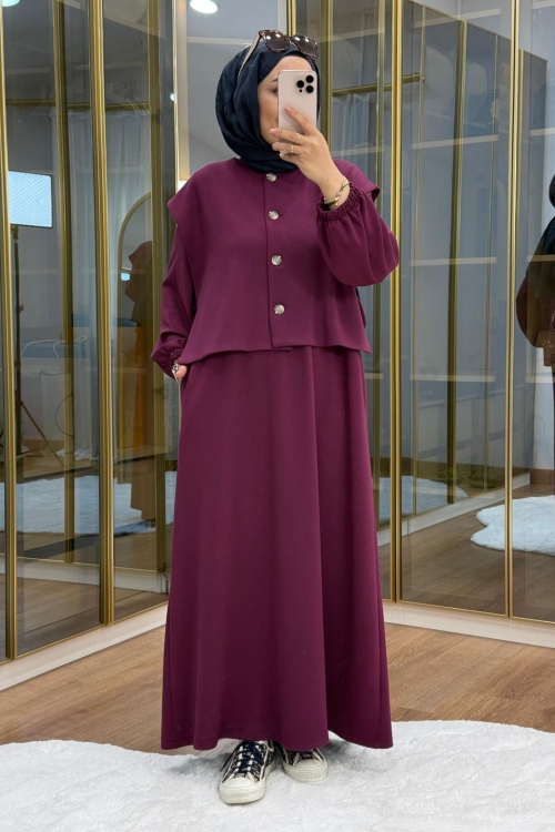 Asimetrik Düğme Detaylı Yelek Elbise Mürdüm