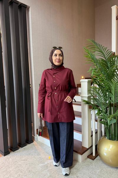 Asimetrik Yaka Gömlek Bordo