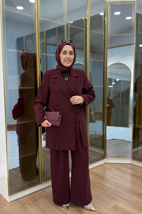 Bağcık Detaylı Ceket Takım Bordo