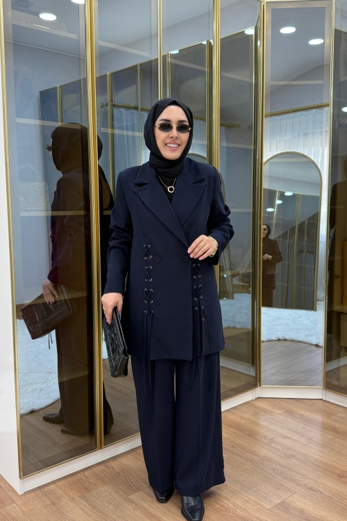 Bağcık Detaylı Ceket Takım Lacivert