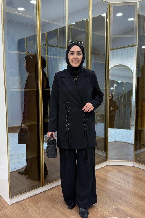 Bağcık Detaylı Ceket Takım Siyah