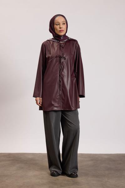 Bağlama Detaylı Uzun Deri Ceket Mürdüm