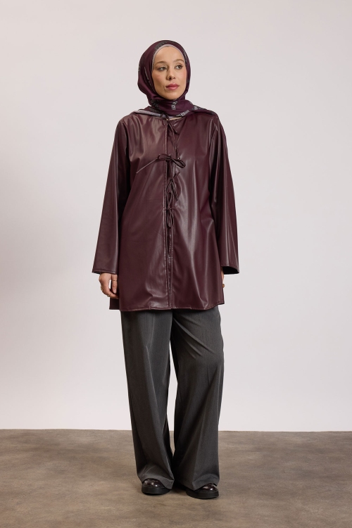 Bağlama Detaylı Uzun Deri Ceket Mürdüm