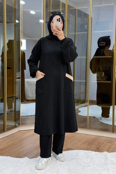 Burgu Kumaş Garnili Takım Siyah