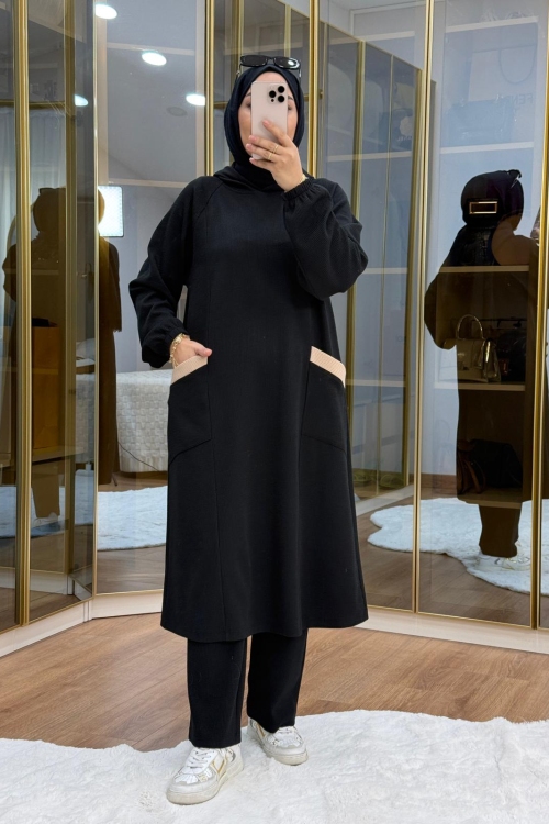 Burgu Kumaş Garnili Takım Siyah