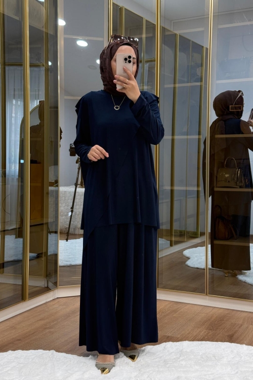 Çapraz Şal Detaylı Tilda Kumaş Takım Lacivert