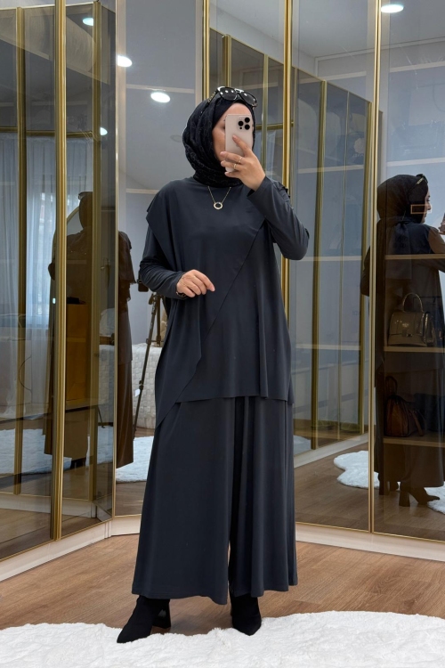 Çapraz Şal Detaylı Tilda Kumaş Takım Füme