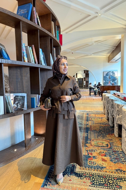 Cep Detaylı Cupra Etekli Takım  Kahverengi