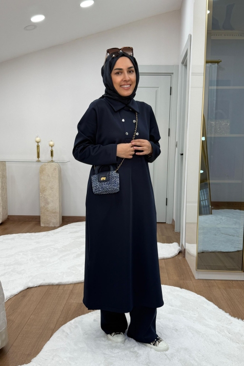 Çıtçıtlı Detaylı Maksi Boy Scuba Takım Lacivert