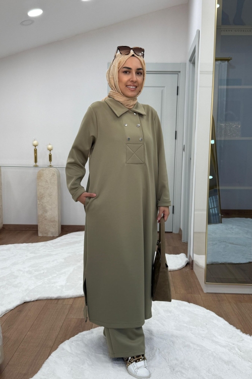 Çıtçıtlı Detaylı Maksi Boy Scuba Takım Haki