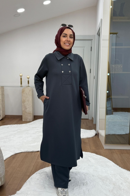 Çıtçıtlı Detaylı Maksi Boy Scuba Takım Füme