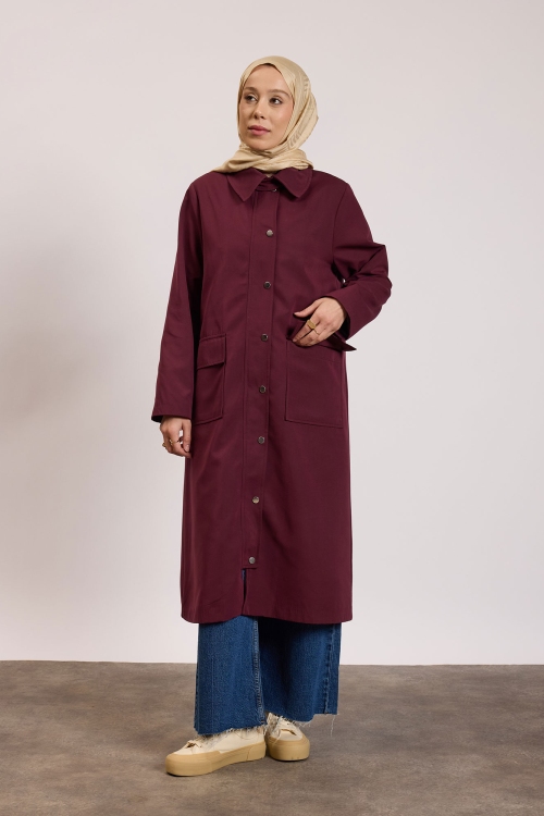 Çıtçıtlı Detaylı Parka Trençkot Bordo