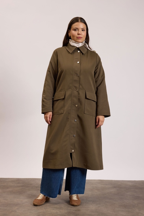 Çıtçıtlı Detaylı Parka Trençkot Haki