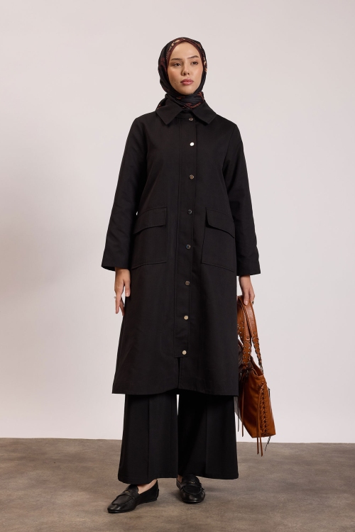 Çıtçıtlı Detaylı Parka Trençkot Siyah