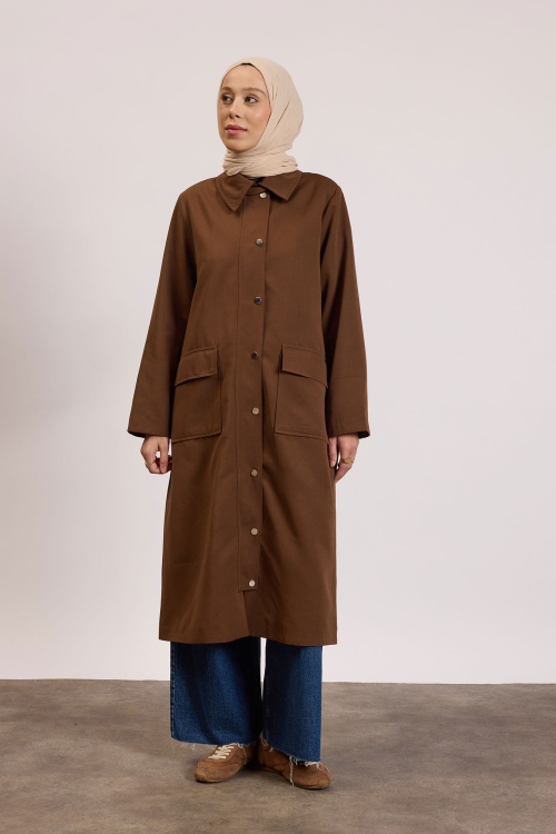 Çıtçıtlı Detaylı Parka Trençkot Kahverengi