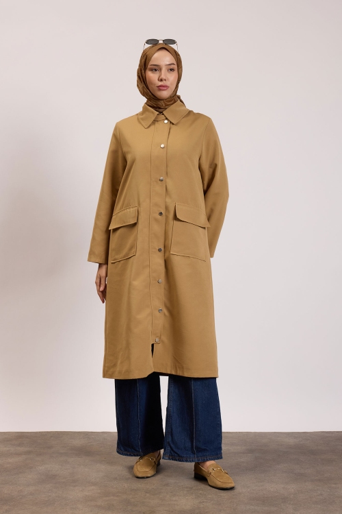 Çıtçıtlı Detaylı Parka Trençkot Camel