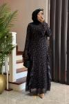 Desenli Fırfırlı Şifon Elbise Siyah