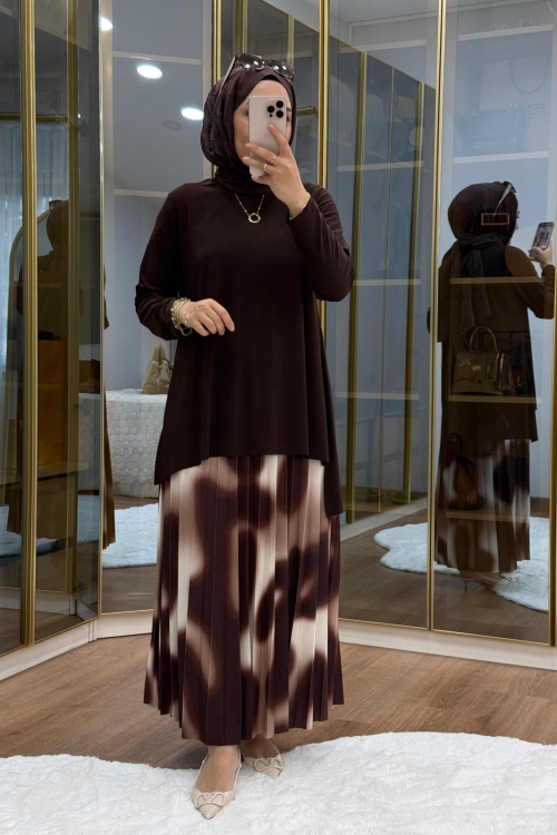 Desenli Tilda Etekli Takım Kahverengi