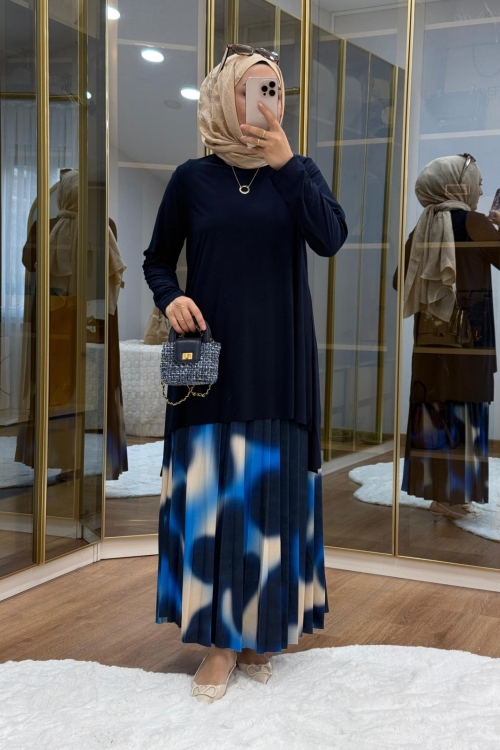 Desenli Tilda Etekli Takım Lacivert