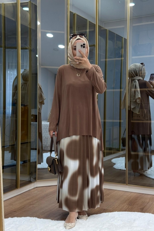 Desenli Tilda Etekli Takım Vizon