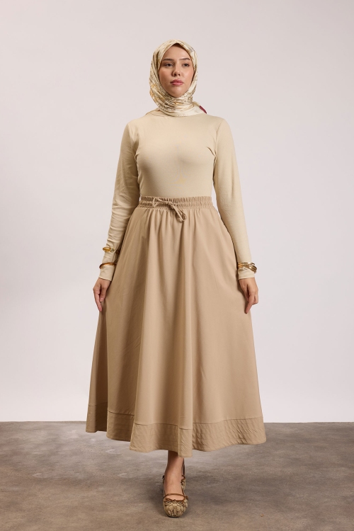 Dikiş Detaylı Beli Lastikli Etek Bej