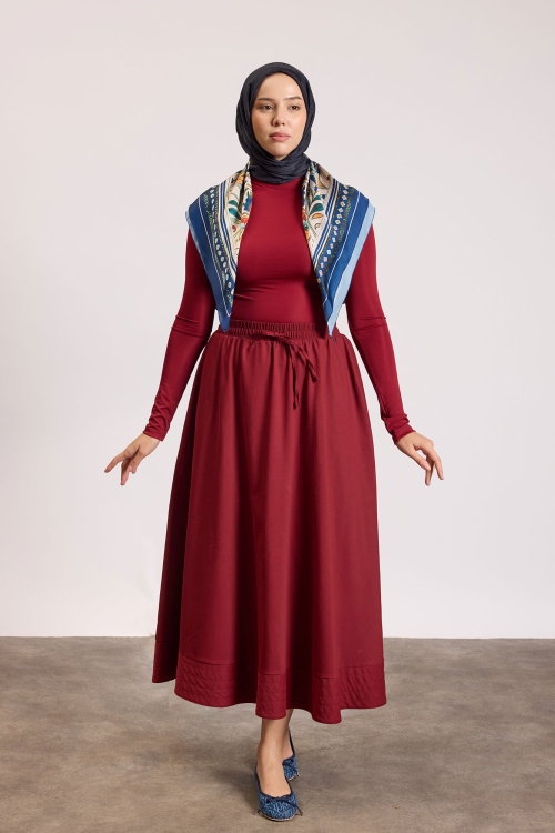 Dikiş Detaylı Beli Lastikli Etek Bordo
