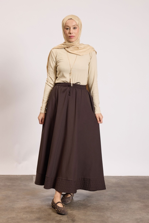 Dikiş Detaylı Beli Lastikli Etek Kahverengi