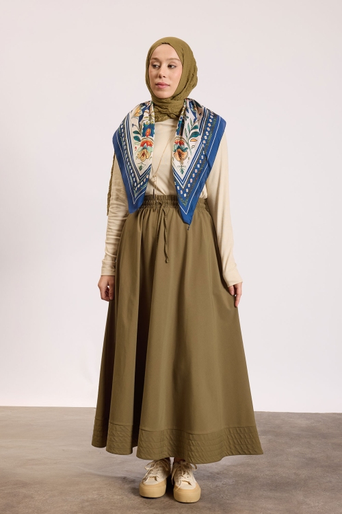 Dikiş Detaylı Beli Lastikli Etek Haki