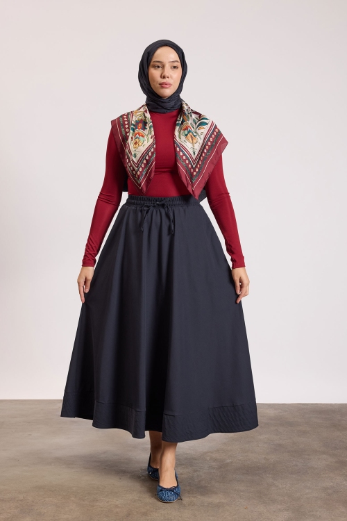 Dikiş Detaylı Beli Lastikli Etek Lacivert