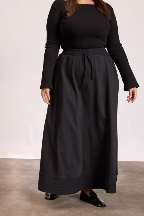 Dikiş Detaylı Beli Lastikli Etek Siyah