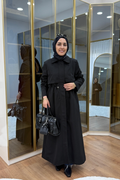 Fermuar Detaylı Maksi Boy Trençkot Siyah