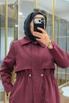 Fermuar Detaylı Maksi Boy Trençkot Bordo