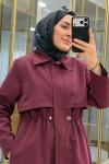 Fermuar Detaylı Maksi Boy Trençkot Bordo