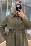 Fermuar Detaylı Maksi Boy Trençkot Haki