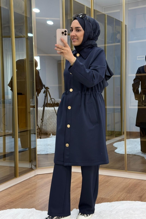 Gold Düğmeli Beli büzgülü Scuba Takım Lacivert