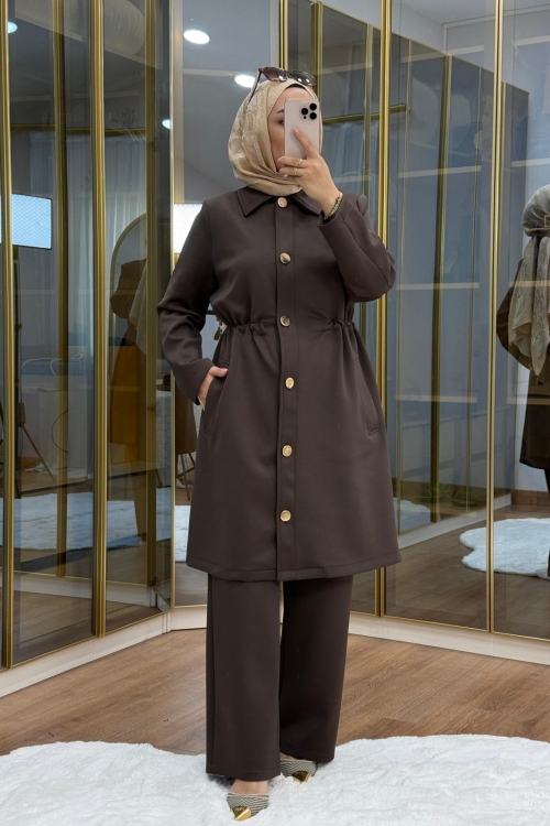 Gold Düğmeli Beli büzgülü Scuba Takım Kahverengi