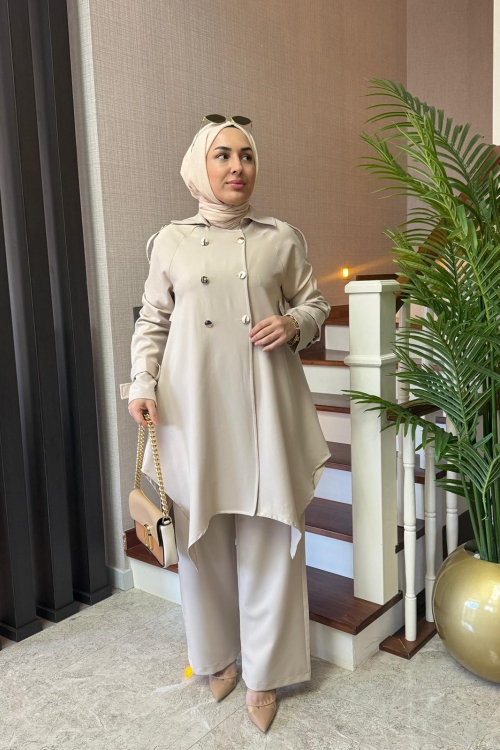 Gold Düğmeli Double Krep Takım Bej
