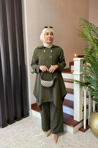 Gold Düğmeli Double Krep Takım Haki