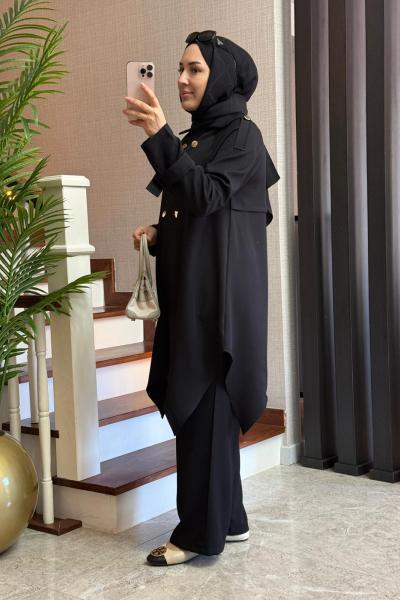 Gold Düğmeli Double Krep Takım Siyah