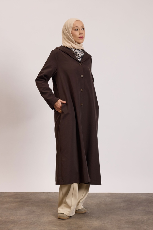 Kapüşonlu Astarlı Trençkot Acı Kahve