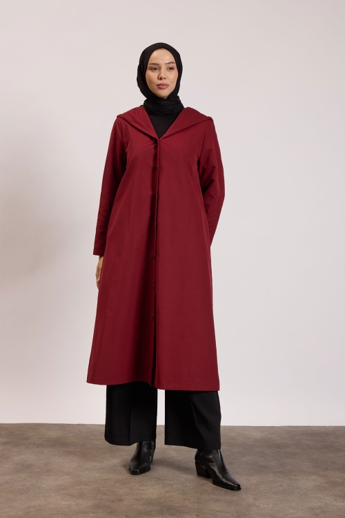 Kapüşonlu Astarlı Trençkot Bordo