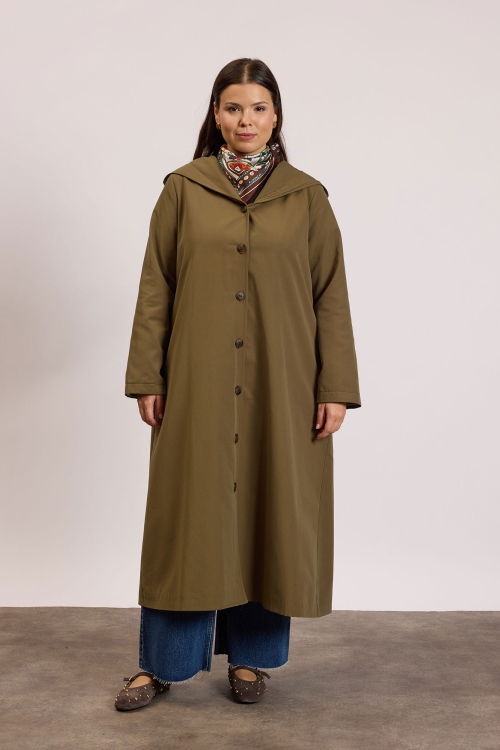 Kapüşonlu Astarlı Trençkot Haki