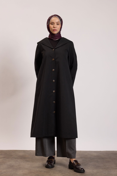 Kapüşonlu Astarlı Trençkot Siyah