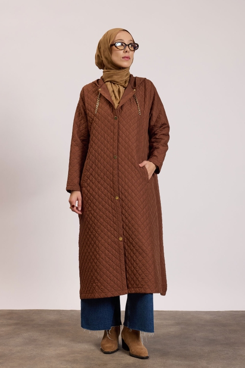 Kapüşonlu Capitone Mont Kahverengi