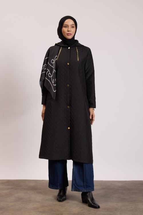 Kapüşonlu Capitone Mont Siyah